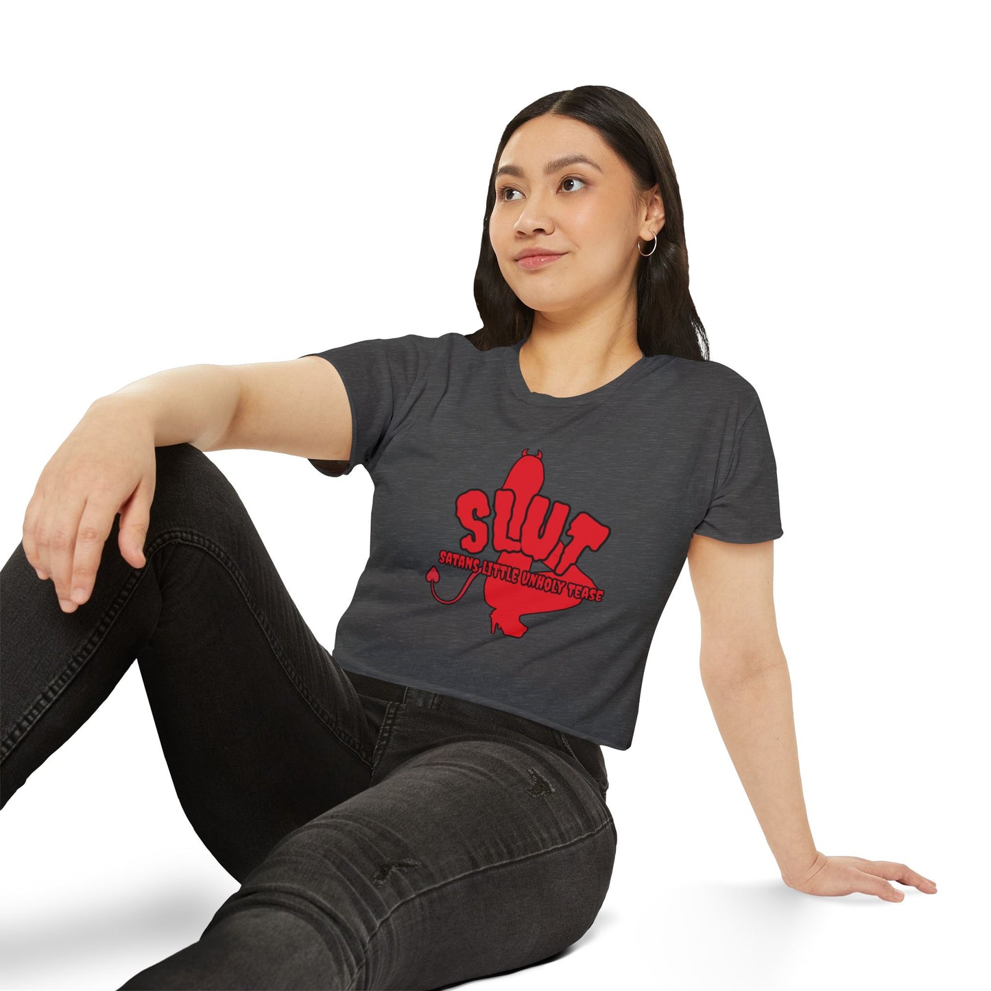 Red Devil 'SLUT' Graphic Women's Festival Crop Tee (Edgy Party/Festival Shirt)