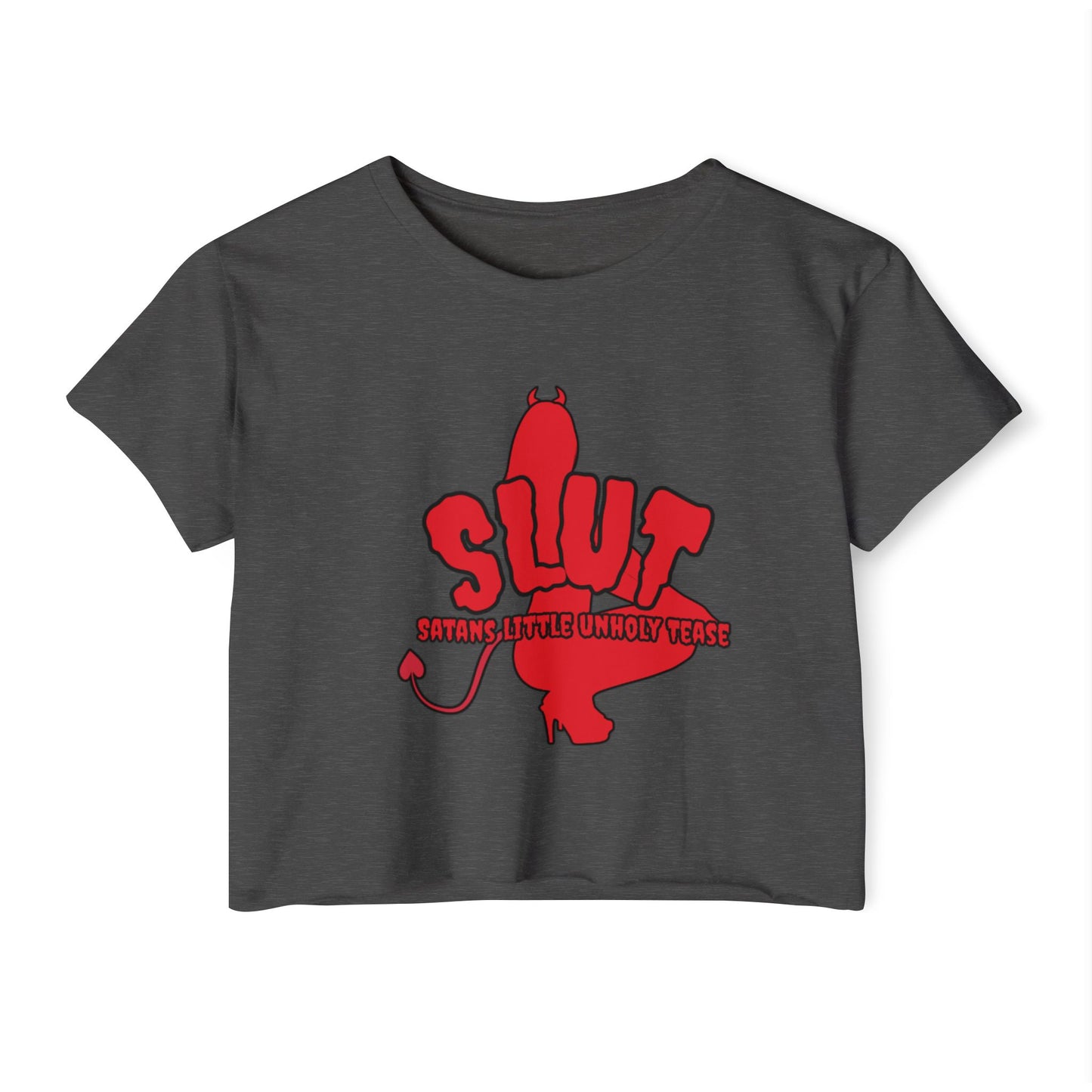 Red Devil 'SLUT' Graphic Women's Festival Crop Tee (Edgy Party/Festival Shirt)