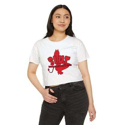 Red Devil 'SLUT' Graphic Women's Festival Crop Tee (Edgy Party/Festival Shirt)