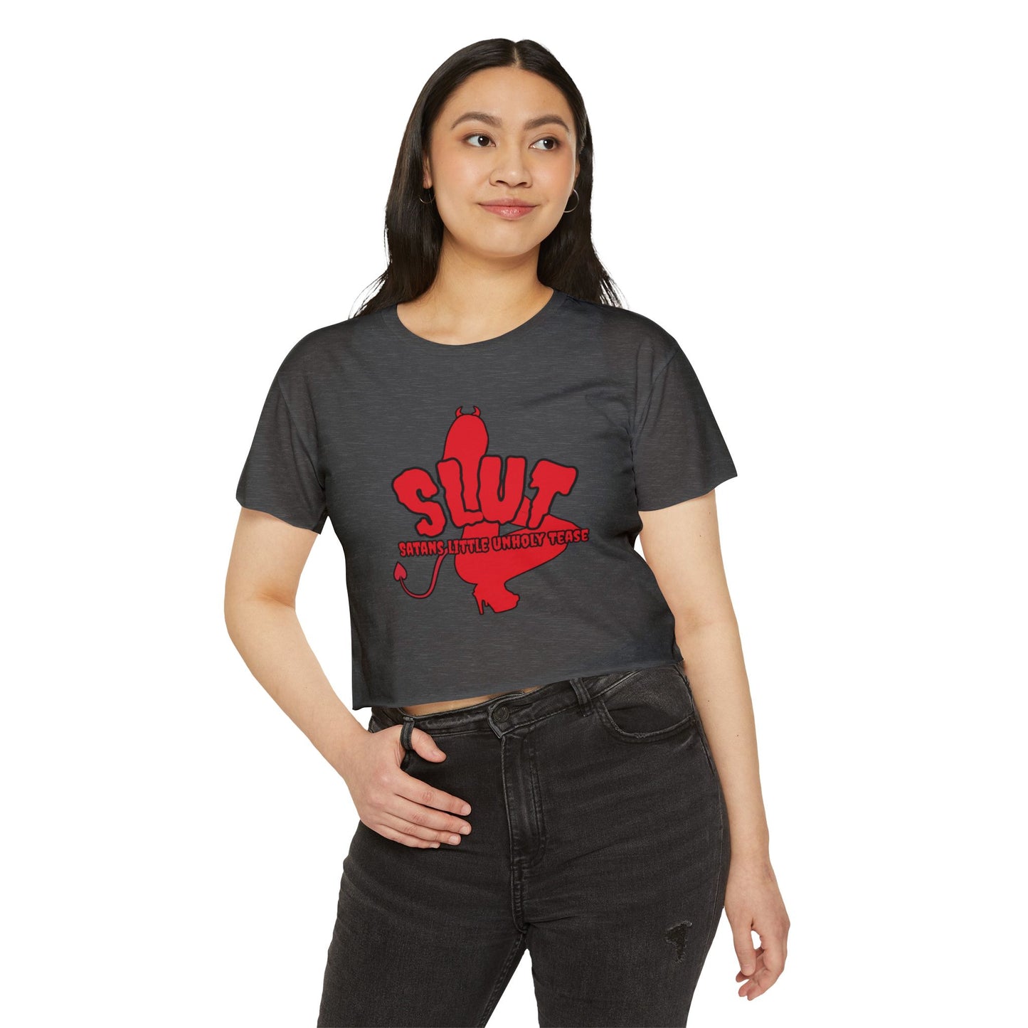 Red Devil 'SLUT' Graphic Women's Festival Crop Tee (Edgy Party/Festival Shirt)