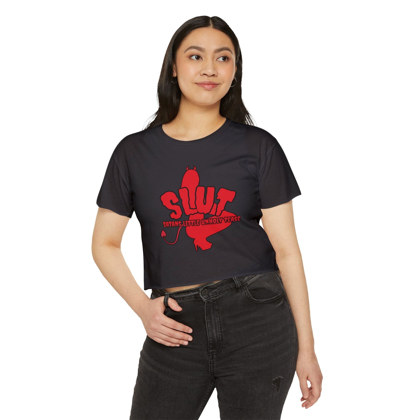 Red Devil 'SLUT' Graphic Women's Festival Crop Tee (Edgy Party/Festival Shirt)