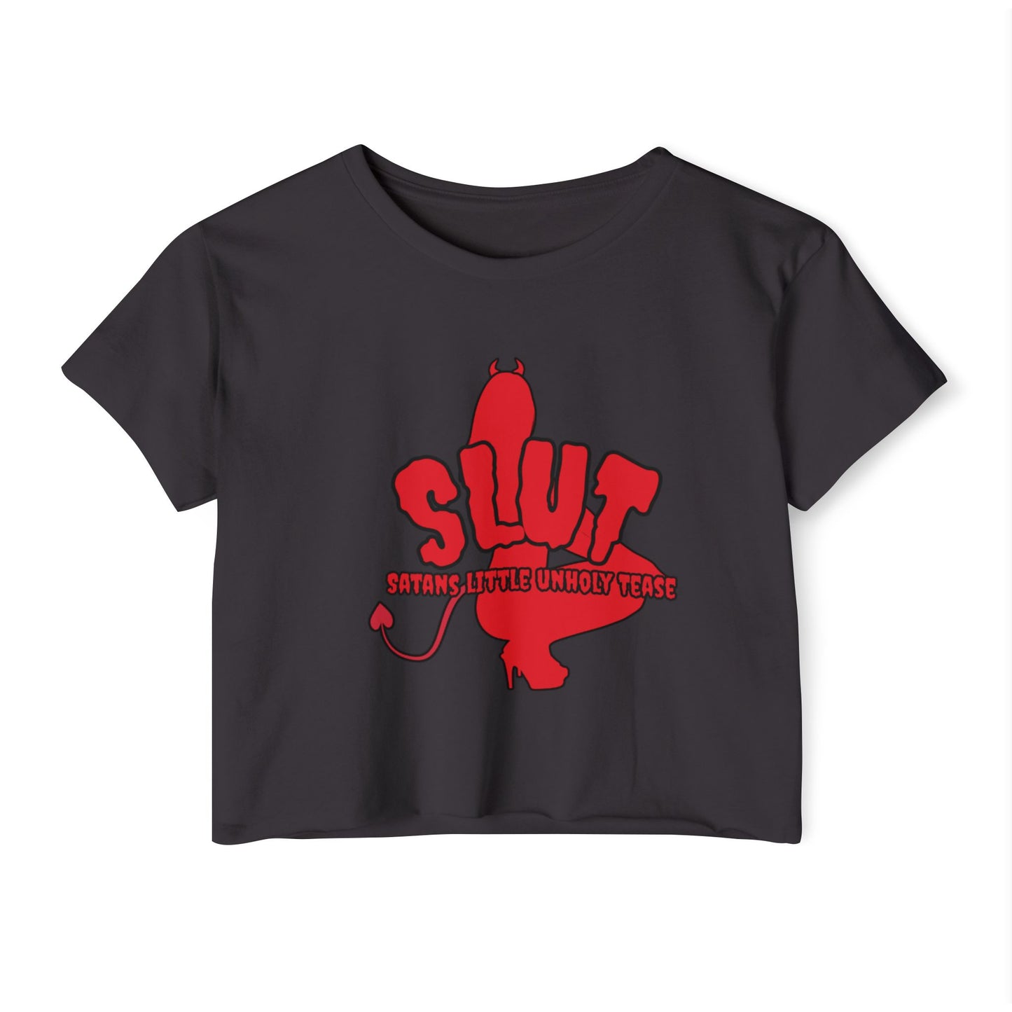 Red Devil 'SLUT' Graphic Women's Festival Crop Tee (Edgy Party/Festival Shirt)