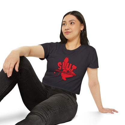 Red Devil 'SLUT' Graphic Women's Festival Crop Tee (Edgy Party/Festival Shirt)